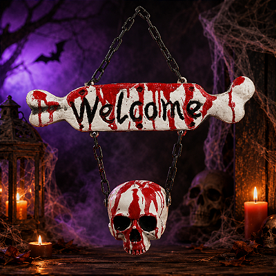 Placa de Porta com Caveira Welcome Branco Halloween