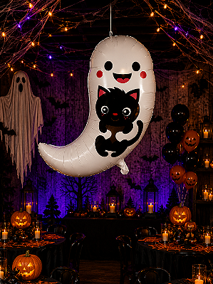 Balão Metalizado em Formato Fantasma com Gato Halloween 50 x 79 cm