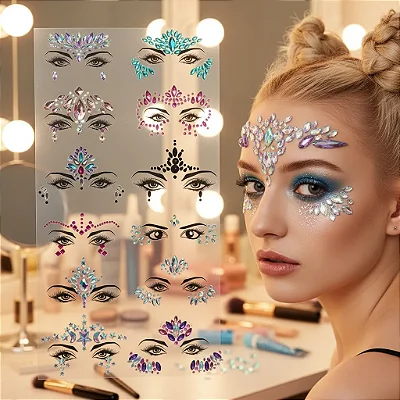 Adesivo Facial de Strass para Maquiagem – Carnaval e Festas – Modelos Sortidos – 1 Unidade