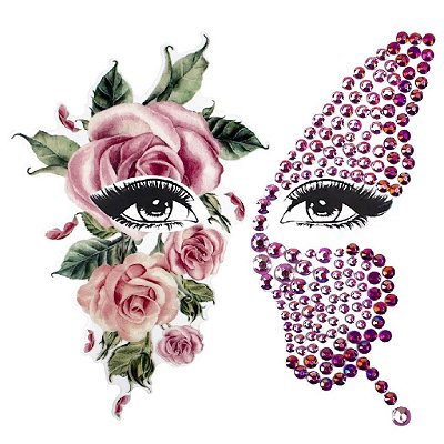 Kit Adesivos Strass Carnaval Borboleta Lado Esquerdo c/ Pedras Coloridas e 1 Adesivo Maquiagem Artística