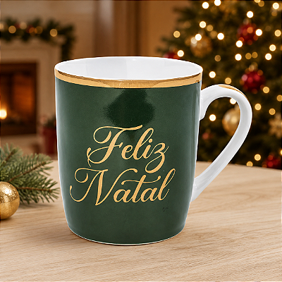 Caneca Natalina de Porcelana Feliz Natal - Verde - 440 ml