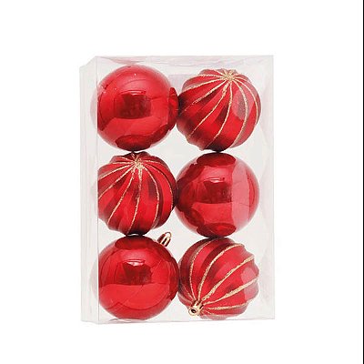 Bolas De Natal Texturizadas Vermelho/Ouro 8cm - 6 Unidades