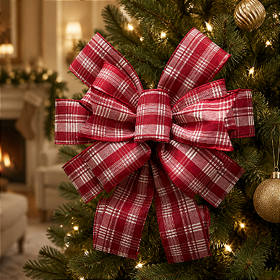 Laço De Natal Xadrez Vermelho - 78x28cm