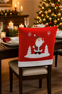 Capa Para Cadeiras Vermelha Com Borda Branca Papai Noel Pinheiros Brancos - 45cm