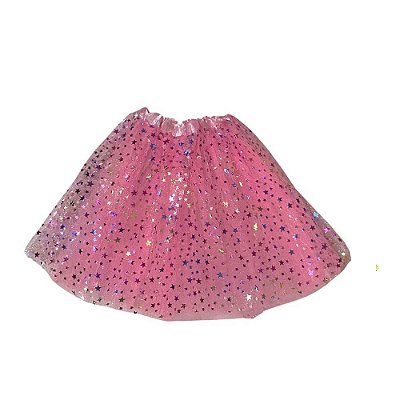 Saia De Tule Rosa Com Brilho Glitter - 40cm