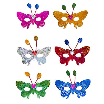 Máscara de Carnaval Borboleta Holográfica com Anteninhas – Cores Sortidas (Kit com 6 Unidades)