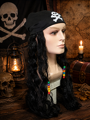 Peruca Pirata Luxo com Bandana e Miçangas – Cabelo Sintético 55cm