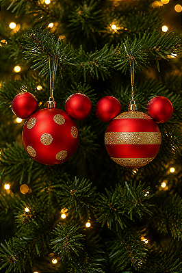 Bola de Natal Mickey com Glitter Vermelho e Dourado – 10cm – 2 Unidades