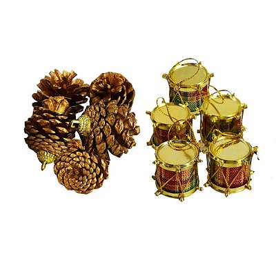 Kit Enfeite De Natal Pendente Pinha e Tambor - 10 Unidades