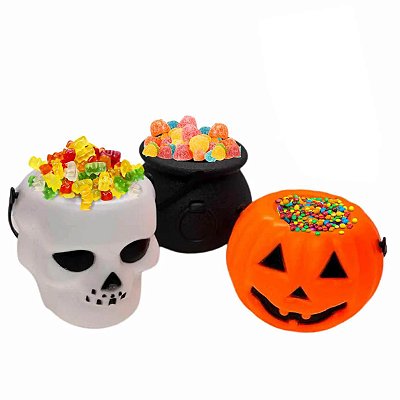 Trio Mini Balde Halloween – Abóbora, Caveira e Caldeirão | 6x8cm