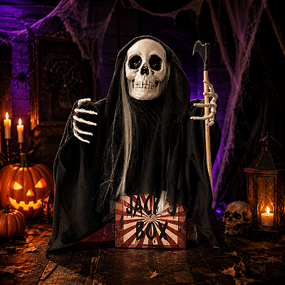 Enfeite Halloween Jack in the Box – Surpresa Sinistra com Luz, Som e Movimento!