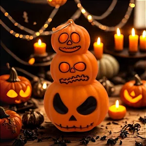 Enfeite Decorativo de Halloween – Trio de Abóboras com Vela e Luz – 12cm