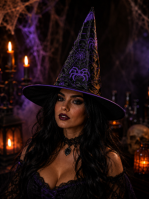 Chapéu de Bruxa Tradicional com Teia de Aranha Roxo – Halloween e Fantasias