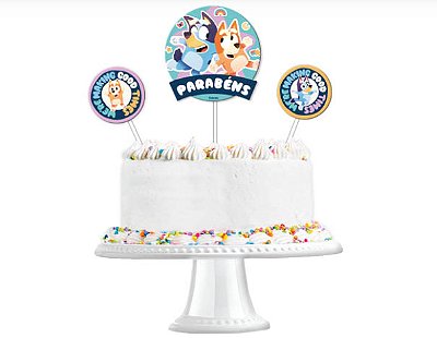 Topo de Bolo Bluey - 3 Unidades (1 Topo de Bolo e 2 Decorações)