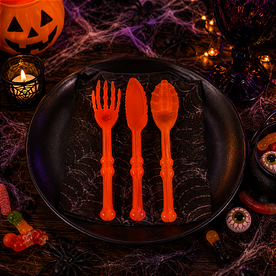 Kit Talheres com Colher, Faca e Garfo – Halloween Horripilante - Cor Laranja