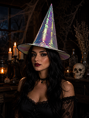 Chapéu de Bruxa Iridescente – Fantasia Halloween e Festas Temáticas