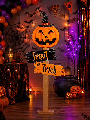 Enfeite Placa de Festa Halloween Abóbora “Treat or Trick” 85x26cm – Decoração Temática