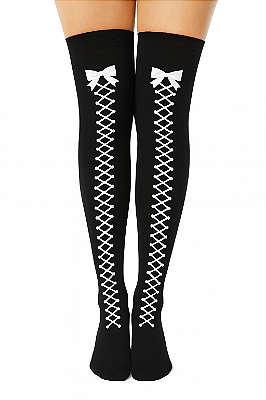 Meia Arrastão Over Knee Preta com Laço Cruzado – 70 cm