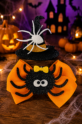 Presilha de Cabelo Halloween Chapéu e Aranha com Laço - 2 Unidades