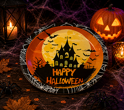 Prato de Papel Halloween Castelo 18cm – Pacote com 10 Unidades