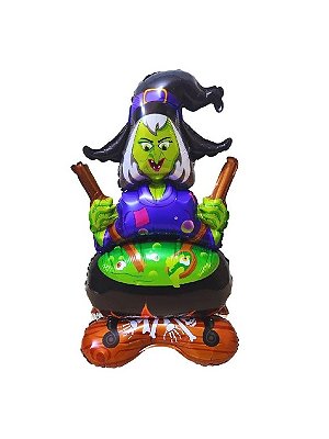 Balão Metalizado Bruxa com Caldeirão 60x115cm – Decoração Halloween Dia das Bruxas