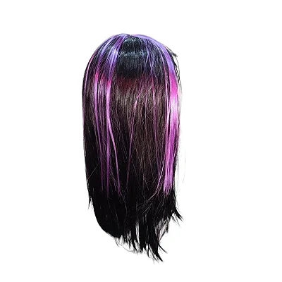 Peruca Cabelo Preto com Mechas Roxas Longo – Cosplay e Fantasia Halloween