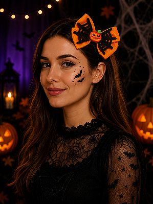 Laço Presilha Halloween Abóbora com Teia – 2 Unidades
