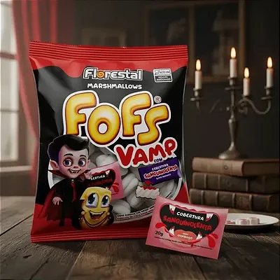 Marshmallow Fofs Twist Vampiro 200g com Calda de Morango – Florestal Edição Especial Halloween