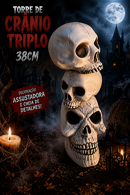 Torre de Crânio Triplo 38cm – Enfeite de Halloween para Decoração