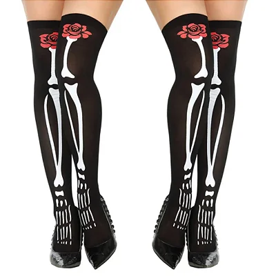 Meia Calça 7/8 Halloween Esqueleto com Rosa – Estampa Caveira e Ossos - 1 Par