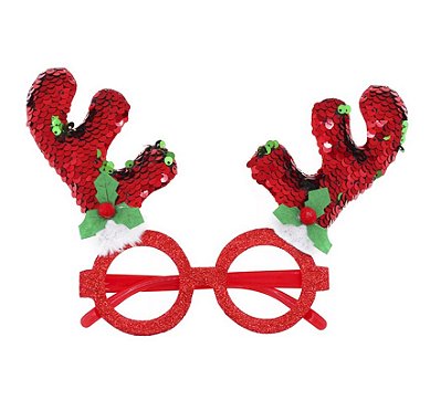 Óculos de Rena com Chifres Vermelhos Brilhantes – Lantejoula Natalina