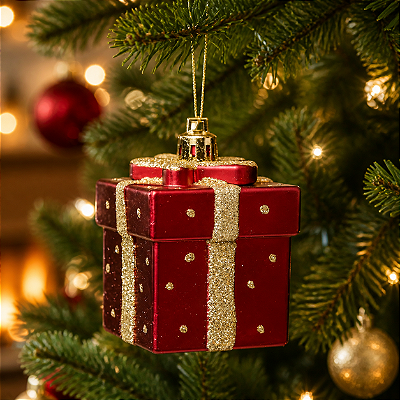 Enfeite de Natal Caixa de Presente Vermelho e Branco 7cm para Pendurar – Plástico Decorativo