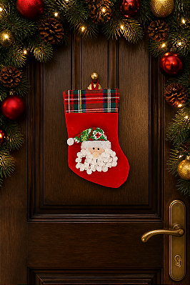 Meia Carinha Papai Noel Xadrez Colorida 20cm – Decoração Natalina
