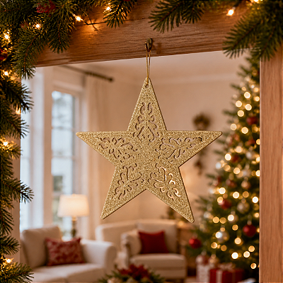 Enfeite de Natal Estrela Filigrana com Glitter – Dourado 15cm