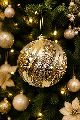 Bola Decorada Natalina Plus com Glitter Gigante Dourada 15cm
