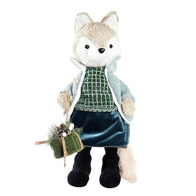Raposa Decorativa com Casaco e Saia 40x19x17cm – Enfeite Natalino de Luxo