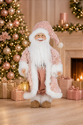 Papai Noel Rosa e Branco 45cm – Enfeite Natalino Elegante e Delicado