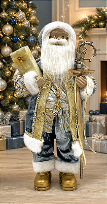 Boneco Papai Noel em Pé Azul com Cajado 60cm – Decoração Natalina Sofisticada