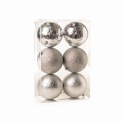 Kit 6 Bolas de Natal Arabesco Prata 8cm – Brilho, Fosca e Glitter