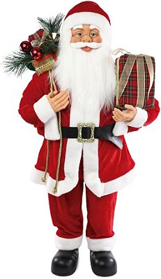 Papai Noel em Pé com Arranjo de Presentes Vermelho 90cm – Decoração Natalina Luxo