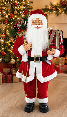 Papai Noel em Pé com Arranjo de Presentes Vermelho 90cm – Decoração Natalina Luxo