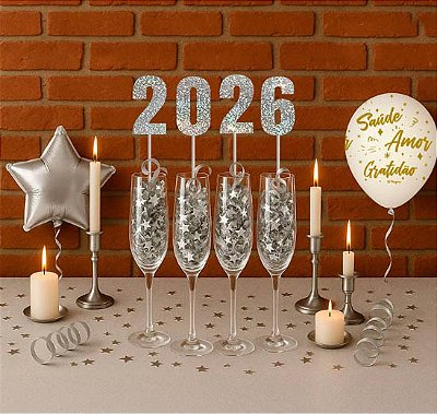 Decoração Numeral Holográfico Prata Ano Novo 2026 - 4 Unidades - Coladas com varetas de 20cm.