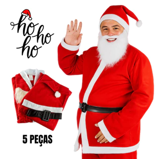 Fantasia Papai Noel Adulto Completa em Cetim – 5 Peças – Veste Até GG