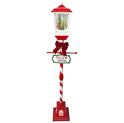 Poste Natalino Vermelho e Branco com Gangorra Gingerbread – 157 cm – Musical e com Efeito de Neve