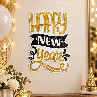 Enfeite Painel Feliz Ano Novo em E.V.A com Glitter Dourado 23x38cm