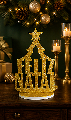 Enfeite de Mesa Feliz Natal Dourado com Glitter em EVA