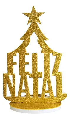 Enfeite de Mesa Feliz Natal Dourado com Glitter em EVA