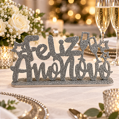 Enfeite Glitter Réveillon Feliz Ano Novo - Prata