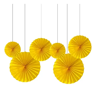 Kit Leques Enfeite de Papel Amarelo - 6 Unidades (2 unds de 40cm + 2 unds de 30cm + 2 unds de 20cm)