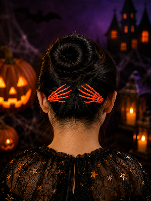Presilha P/ Cabelo Mão Esqueleto Laranja Halloween – 2 Unidades (Par)